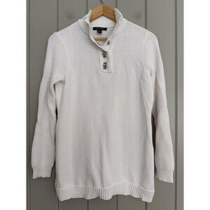Lauren Ralph Lauren Sweater S Small 100% Cotton White Mock Neck Turn Lock Silver